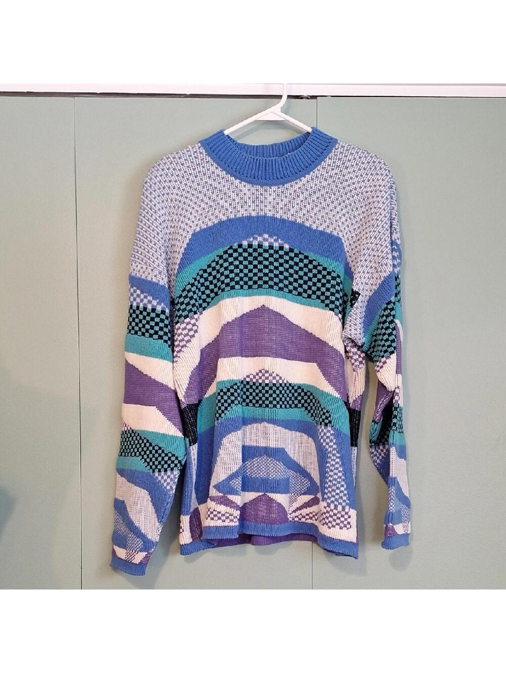 Vintage Amanda Ashley Blue Color Block Abstract Padded Shoulder Sweater
